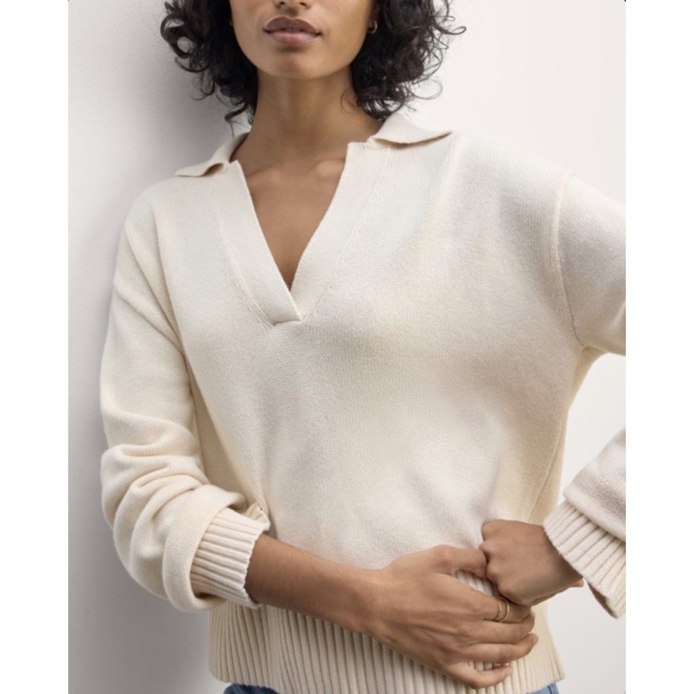 Everlane Small Organic Cotton Polo Sweater Oatmeal Light Beige V Neck Knit S